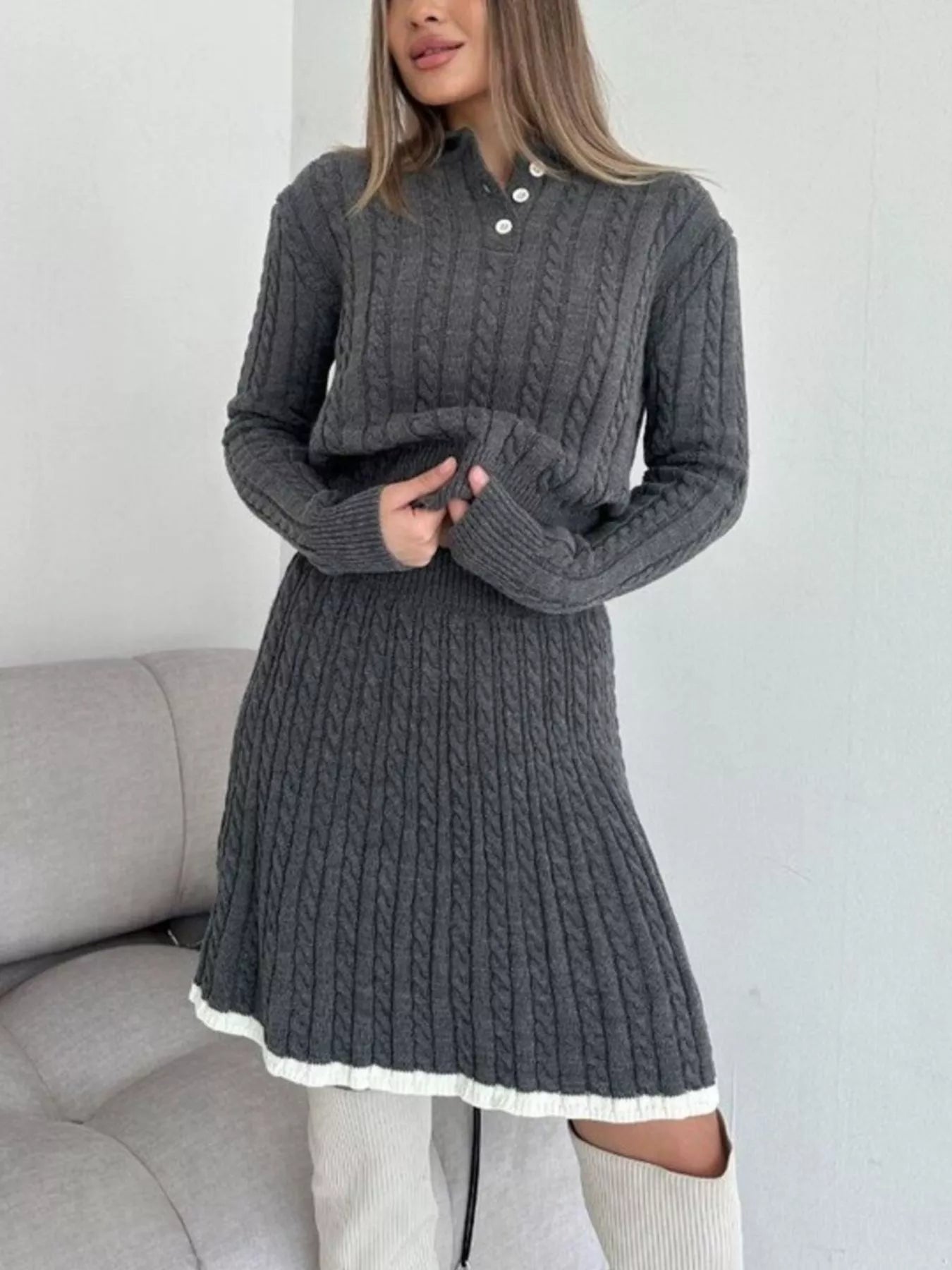 Cable Knit Sweater Set – Long Sleeve Top & Skirt for Women