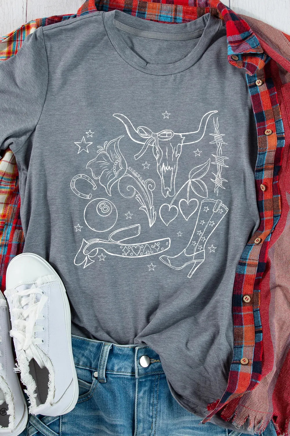 Cowgirl Boots OX Head Western Graphic Crewneck T-Shirt