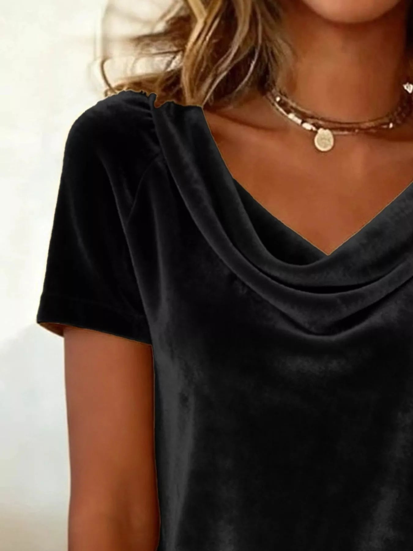 Women’s Velvet Cowl Neck Short Sleeve Top