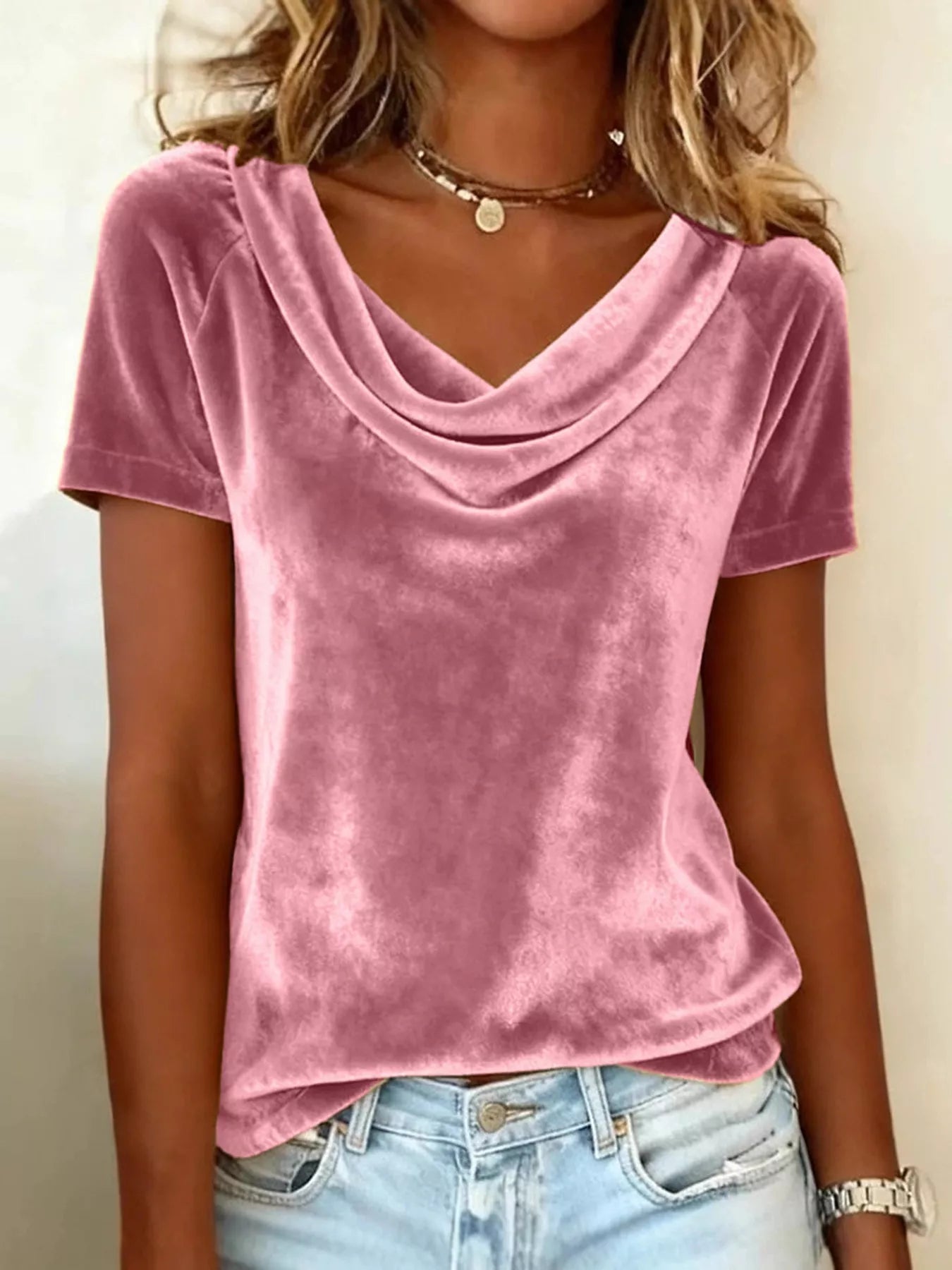 Women’s Velvet Cowl Neck Short Sleeve Top