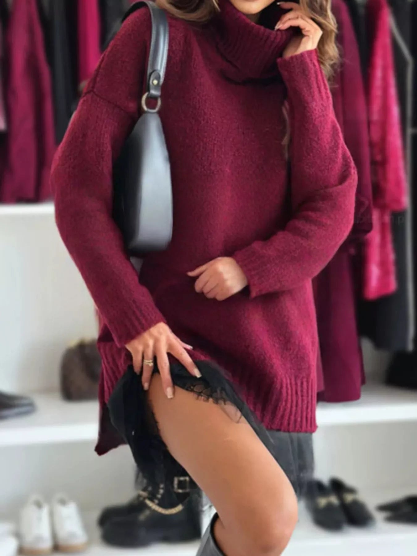 Plus Size Lace Cami Dress & Turtleneck Sweater Set for Women