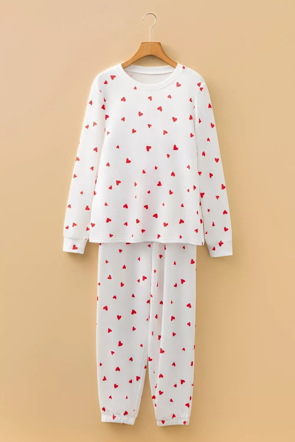 Hearts Print Lounge Set for Women – Long Sleeve Top & Drawstring Pants