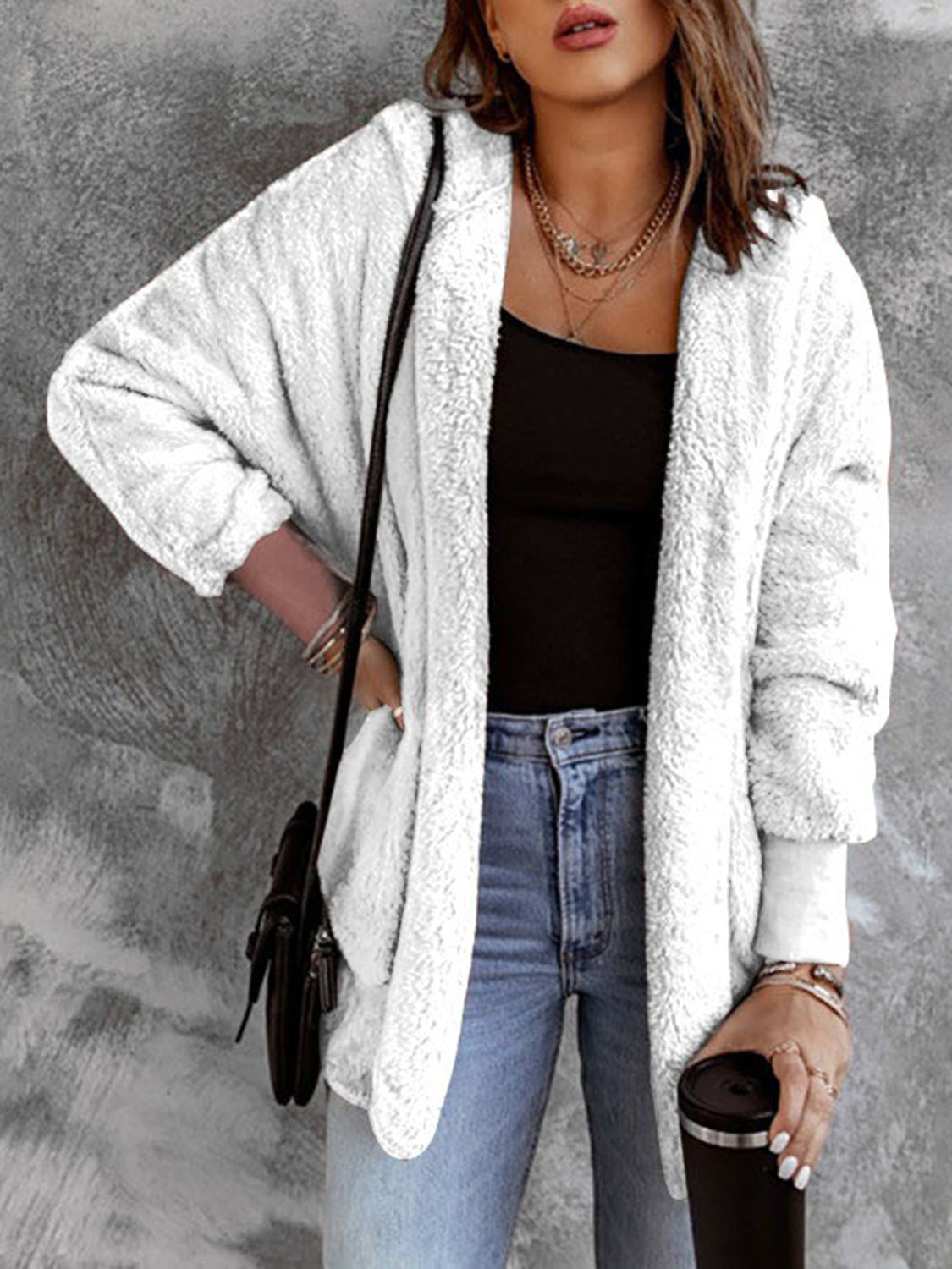 Women’s Open Front Hooded Faux Fur Coat with Pockets – Cozy Chic