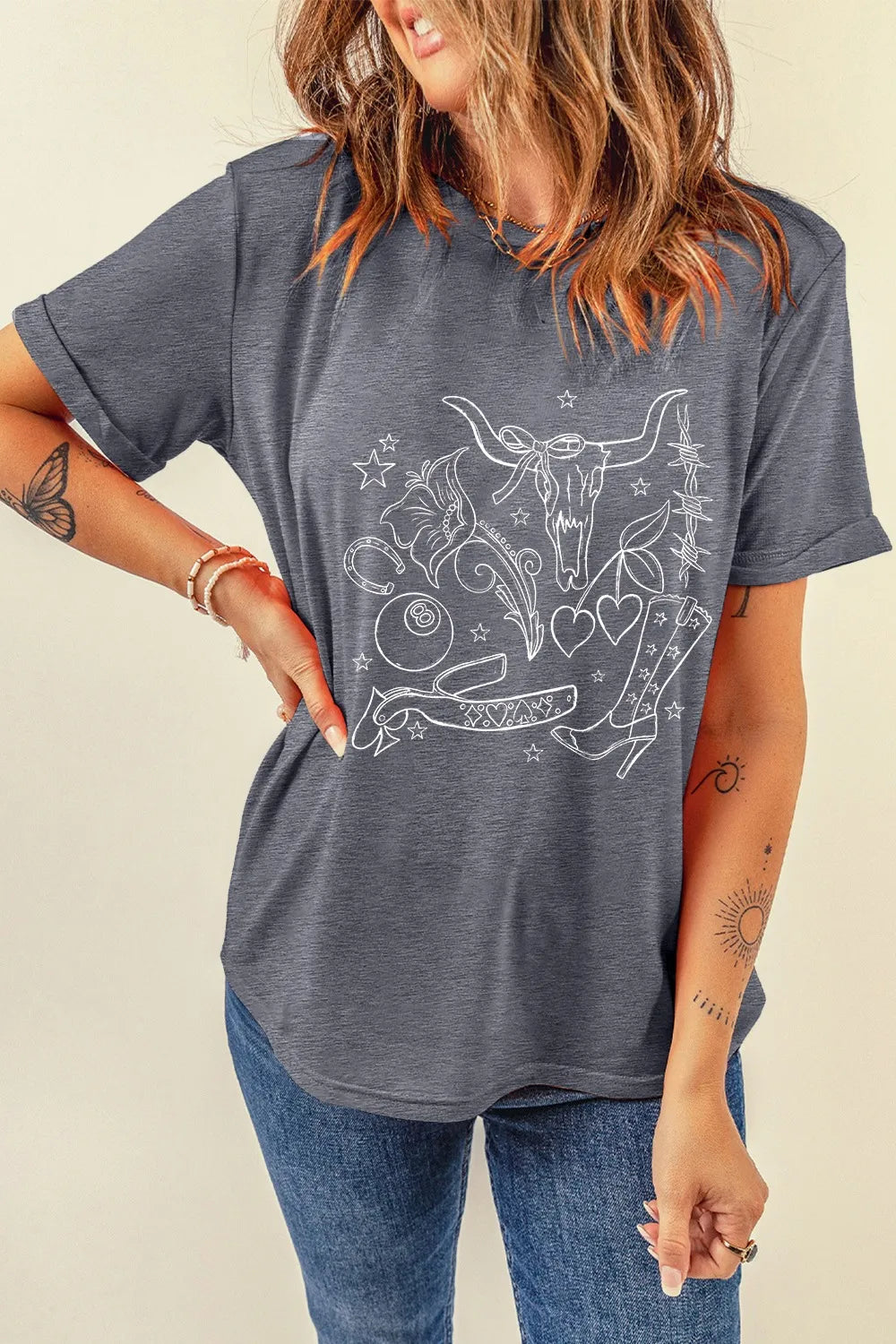 Cowgirl Boots OX Head Western Graphic Crewneck T-Shirt