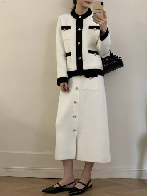 Contrast Trim Jacket & Skirt Sweater Set – Chic Women’s Outfit