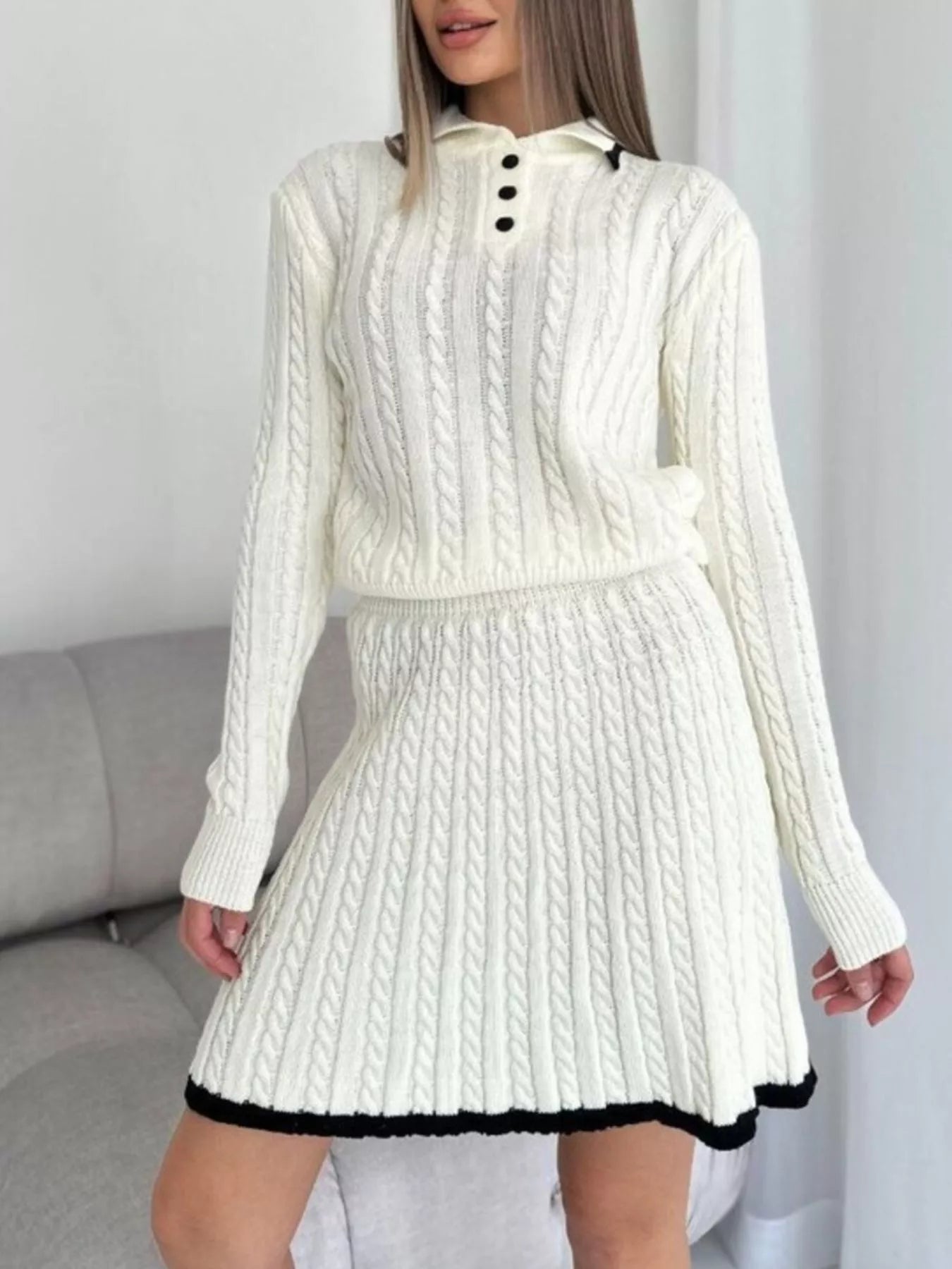 Cable Knit Sweater Set – Long Sleeve Top & Skirt for Women