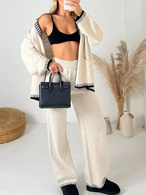 Button Up V-Neck Cardigan & Pants Sweater Set for Women Cozy Outfit
