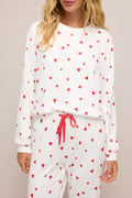 Hearts Print Lounge Set for Women – Long Sleeve Top & Drawstring Pants
