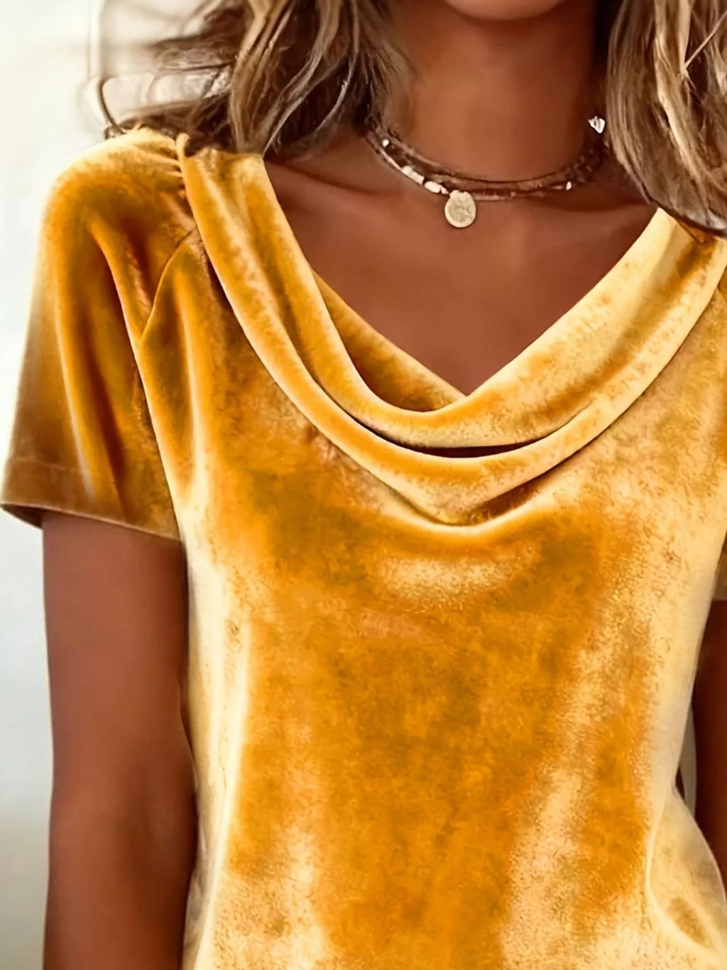 Women’s Velvet Cowl Neck Short Sleeve Top