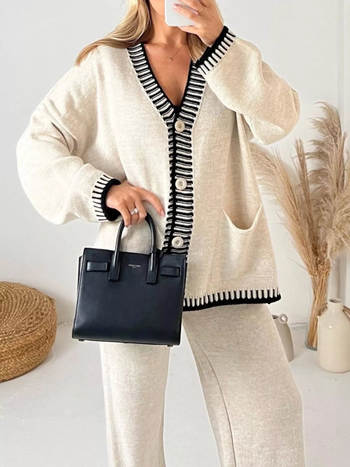 Button Up V-Neck Cardigan & Pants Sweater Set for Women Cozy Outfit