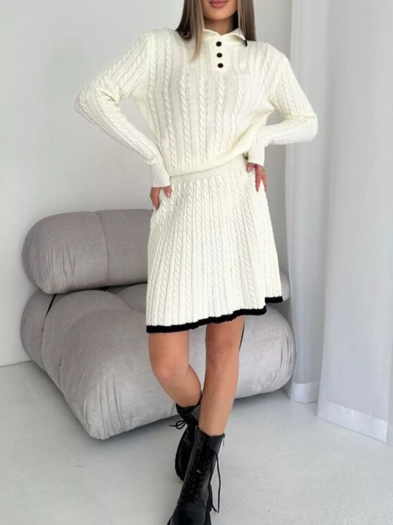 Cable Knit Sweater Set – Long Sleeve Top & Skirt for Women