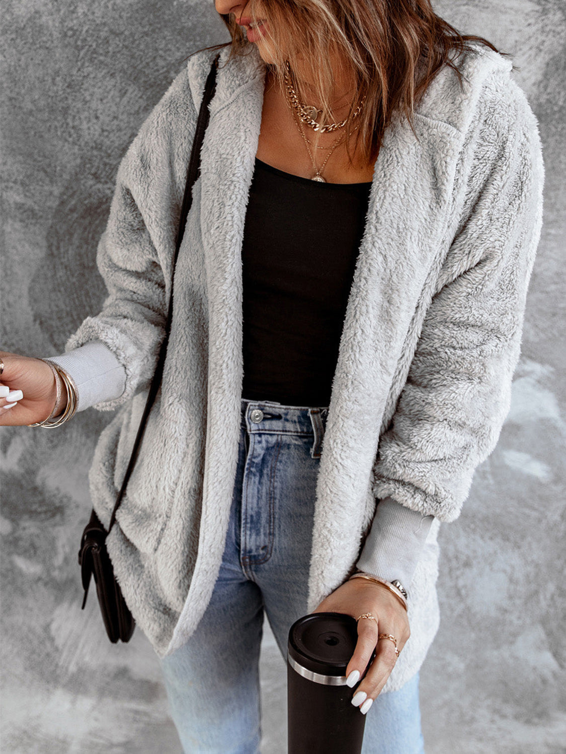 Women’s Open Front Hooded Faux Fur Coat with Pockets – Cozy Chic