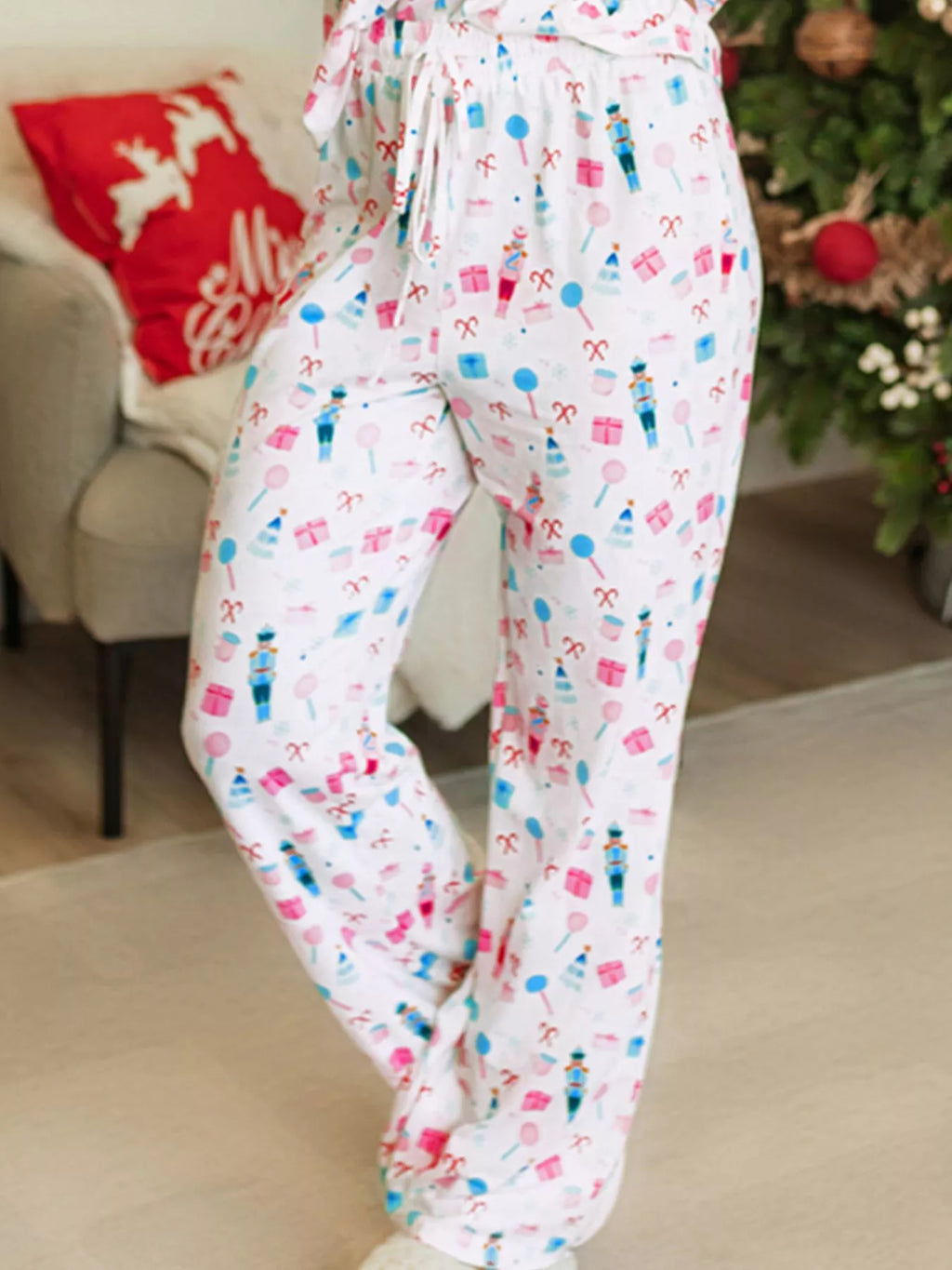Christmas Pattern Long Sleeve Top & Wide Leg Pants Set for Women